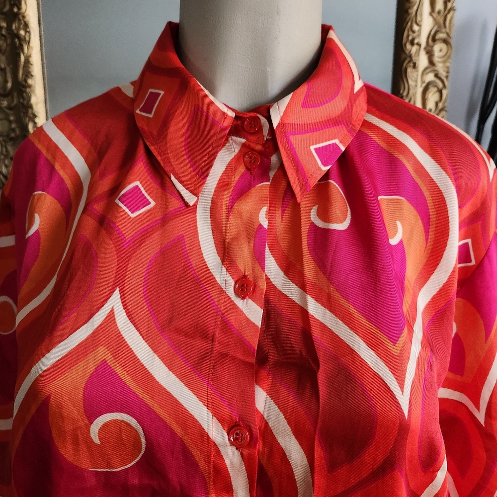 Zara Pink Cropped Satin Shirt Size Small Orange Beige Psychedelic Hippie - Picture 9 of 15